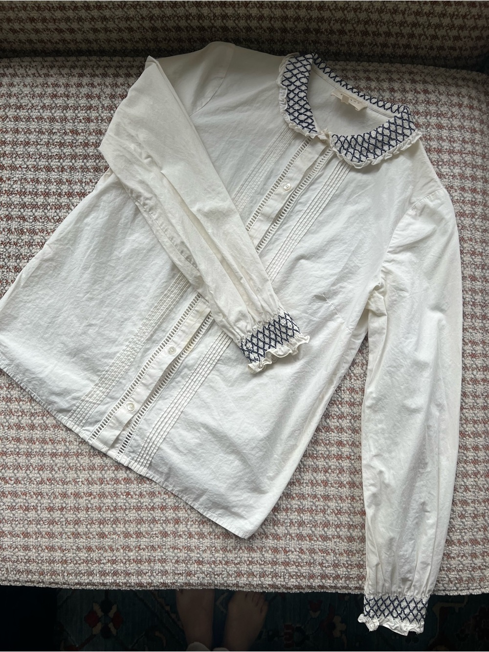 Sezane Chemise Adalie Blouse - Cream with Navy Smocked Collar and Cuffs